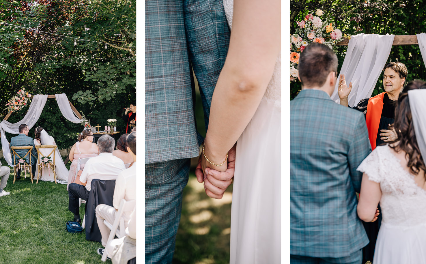 Die Hochzeitszeremonie, festgehalten von der talentierten Fotografin Mica Zeitz, zeigt das glückliche Paar im Moment des Eheversprechens unter einem mit Blumen geschmückten Bogen. Die emotionale Verbindung zwischen den Brautleuten und die liebevolle Atmosphäre werden von der idyllischen Umgebung des Gartens perfekt eingefangen.