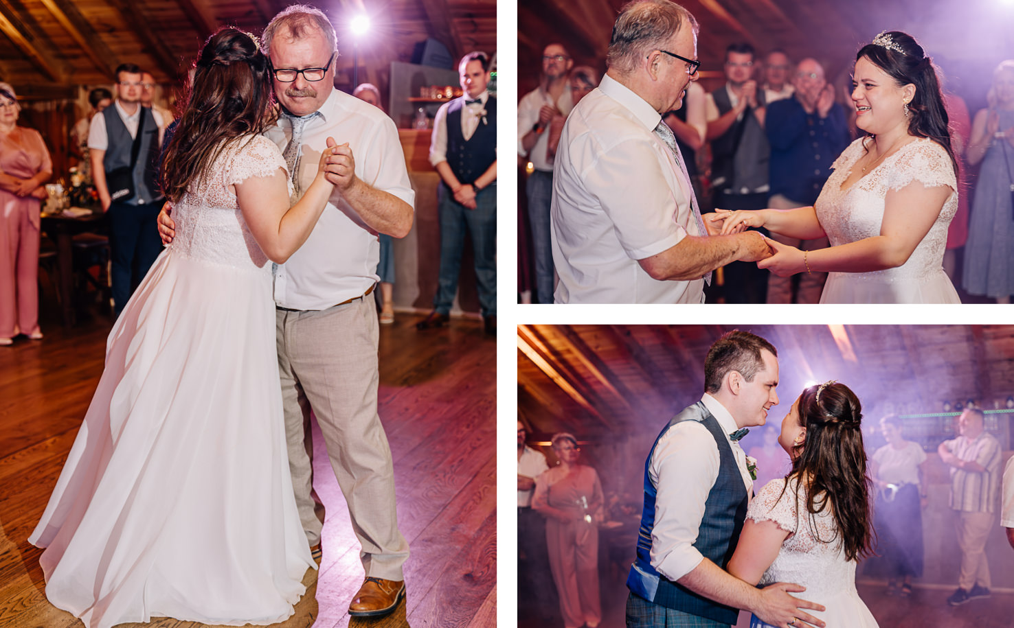 Ein emotionaler Hochzeitstanz zwischen dem Brautpaar und ihren Gästen, festgehalten von der talentierten Fotografin Mica Zeitz, der die magischen Momente und die herzliche Atmosphäre dieser Feier perfekt einfängt. Die stimmungsvolle Beleuchtung und die authentischen Emotionen zeigen die tiefe Verbundenheit und Freude an diesem besonderen Tag.