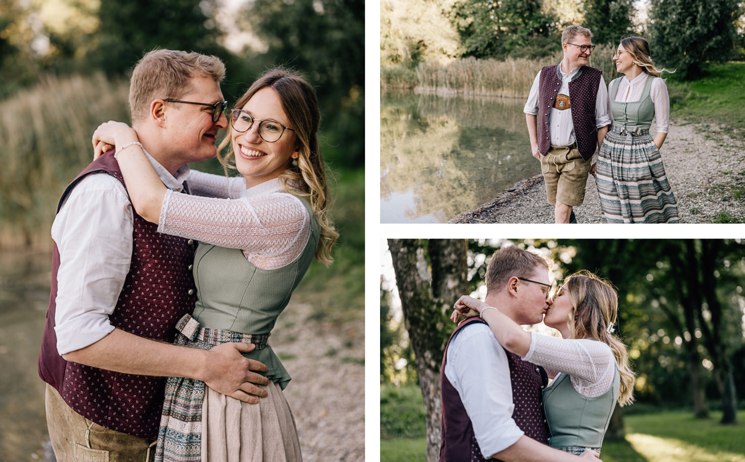 Das Bild, festgehalten von der talentierten Fotografin Mica Zeitz, zeigt ein verliebtes Paar in traditioneller Tracht, das in einer malerischen Landschaft glücklich zusammen ist. Mit sanften Farben und romantischen Momenten fängt die Fotografie die Essenz von Liebe und Verbindung in der Natur ein.