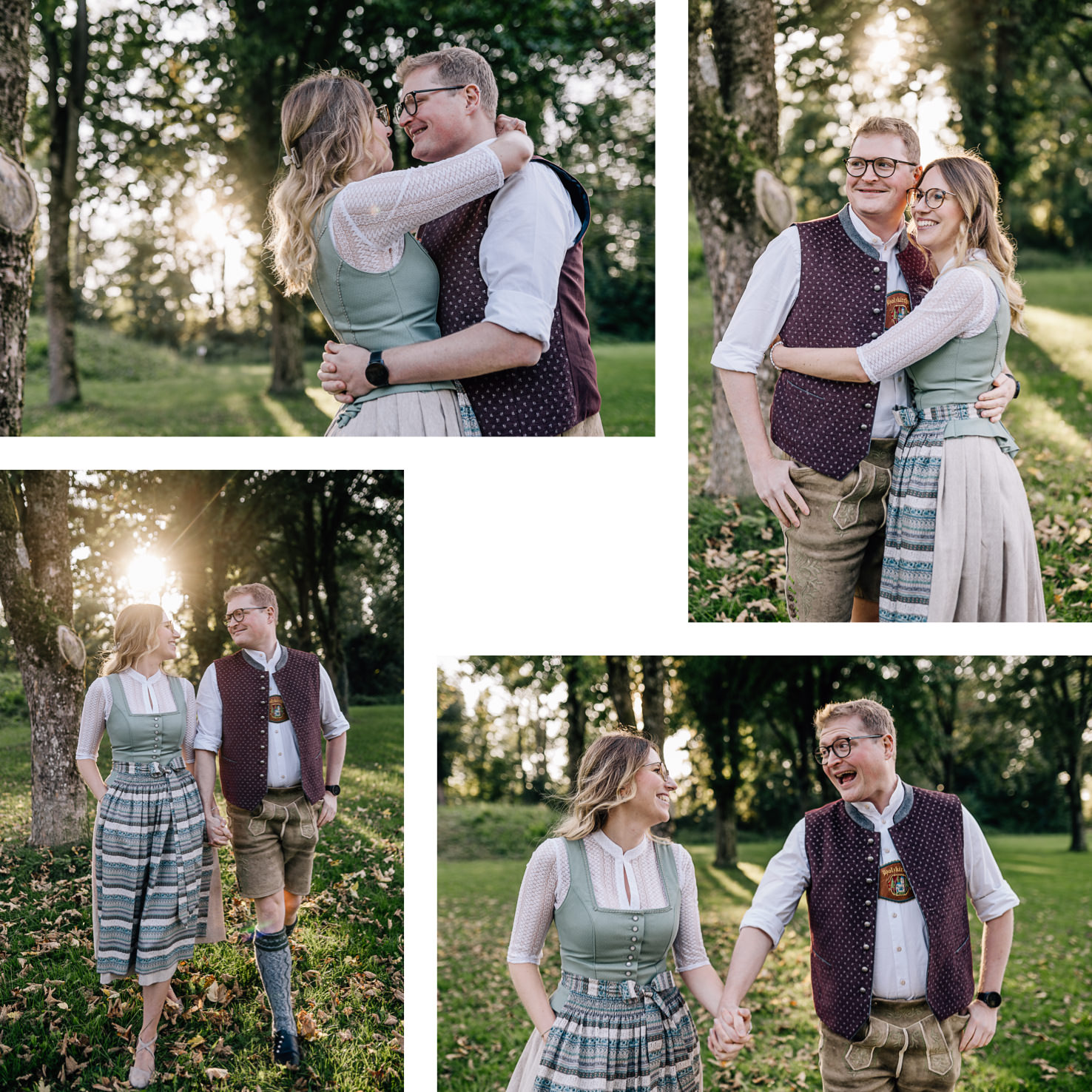 Das Bild zeigt ein fröhliches Paar in traditioneller bayerischer Tracht, das sich in einer idyllischen Umgebung umarmt und lacht, perfekt festgehalten von der Fotografin Mica Zeitz. Diese traumhaften Momente in der Natur sind ideal für Hochzeitsreportagen und Paarshootings, die die Liebe und Freude in authentischen Bildern einfangen.