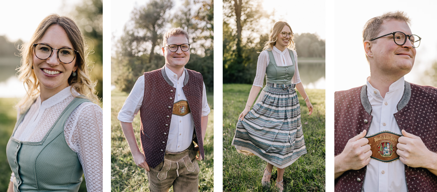 In diesem stilvollen Fotoshooting von Mica Zeitz präsentieren sich ein Paar in traditioneller Tracht, umgeben von einer malerischen Naturlandschaft. Die Details der Trachtenmode und die warmen Lichtverhältnisse verleihen den Bildern einen einladenden und authentischen Charme.
