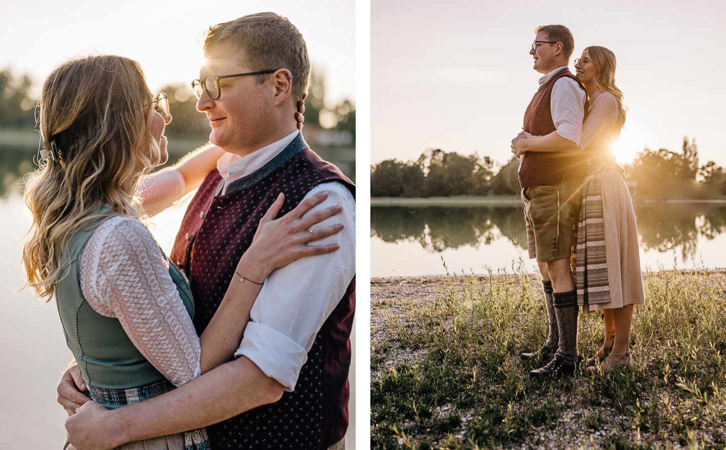 Das romantische Paar in traditioneller Tracht posiert liebevoll am Ufer eines glitzernden Gewässers, während die warme Abendsonne sanft hinter ihnen untergeht. Festgehalten von Fotografin Mica Zeitz, strahlt das Bild eine zeitlose Verbindung und natürliche Schönheit aus, ideal für Hochzeits- oder Paarfotografie.