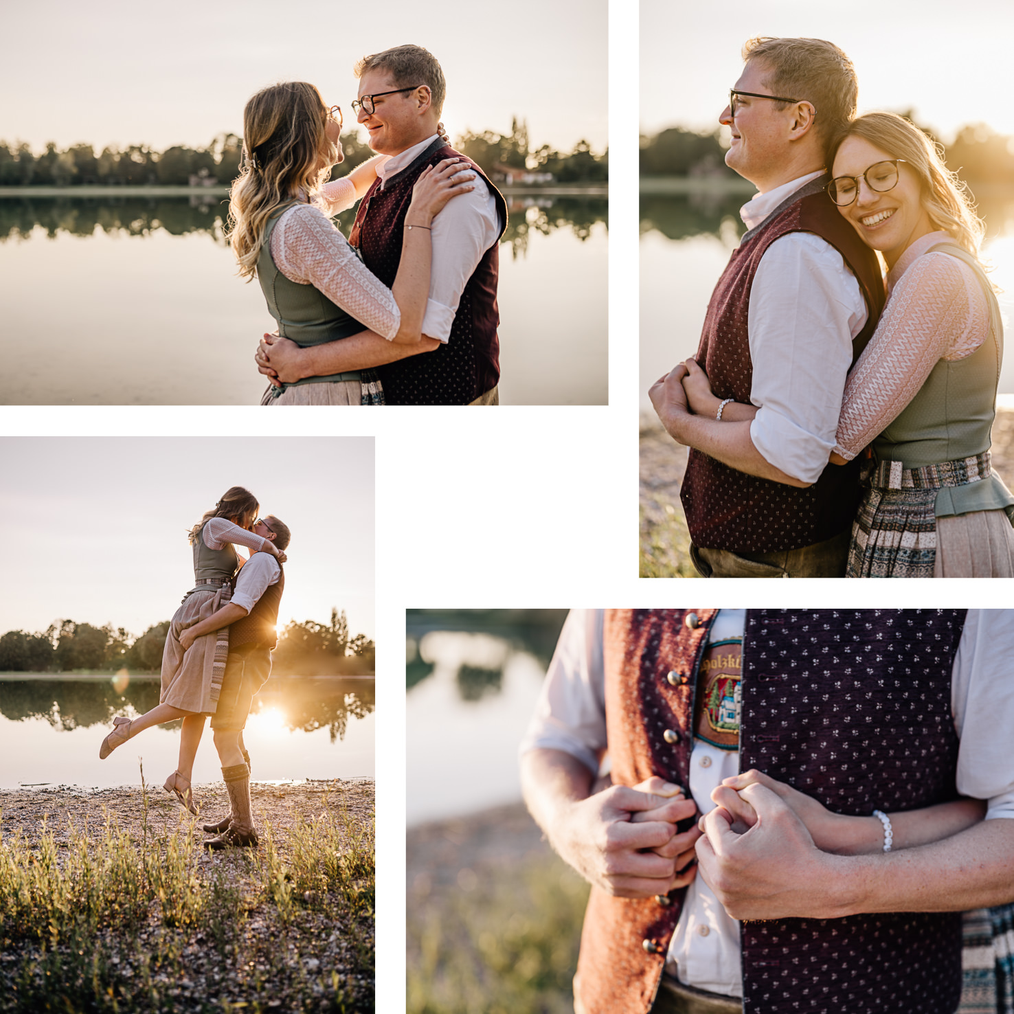 Das romantische Paarshooting von Fotografin Mica Zeitz fängt die Zärtlichkeit und Verbundenheit der beiden Protagonisten am idyllischen Gewässer bei Sonnenuntergang ein. Die harmonische Komposition und das weiche Licht verleihen den Bildern eine nostalgische Atmosphäre, die perfekt für Hochzeits- und Verlobungsfotografie geeignet ist.