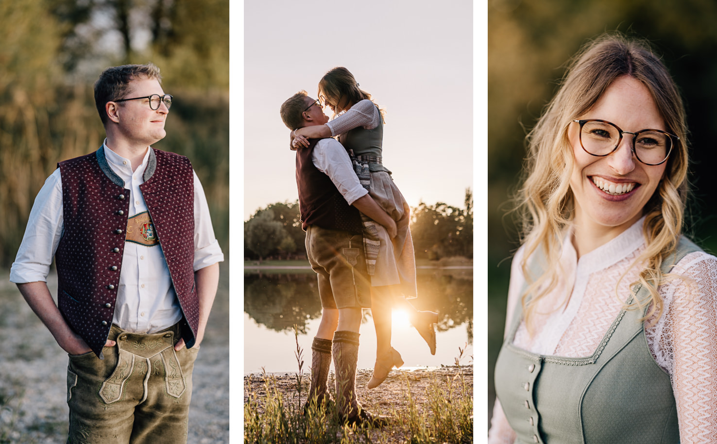 Die beeindruckenden Porträts von Mica Zeitz zeigen ein traditionelles bayerisches Paar in festlicher Tracht, das in romantischer Atmosphäre am Wasser posiert. Die Bilder fangen die Freude und Zuneigung der beiden ein und illustrieren perfekt die Schönheit von Hochzeits- und Paarfotografie im Freien.
