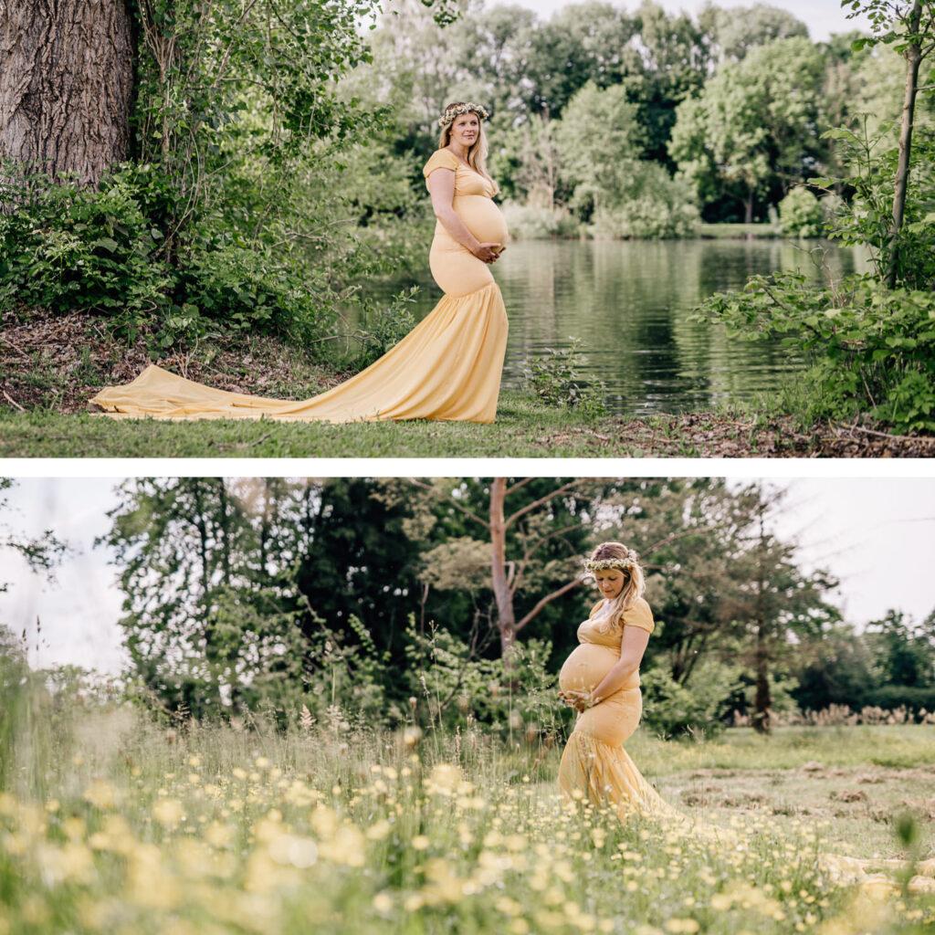 Die Bilder, aufgenommen von Mica Zeitz, zeigen eine werdende Mutter in einem eleganten Leihoutfit in einem wunderschönen Freiluftsetting. Ihre Rundung wird durch das weiche Gelb des Kleides und die blühende Natur um sie herum eindrucksvoll hervorgehoben.