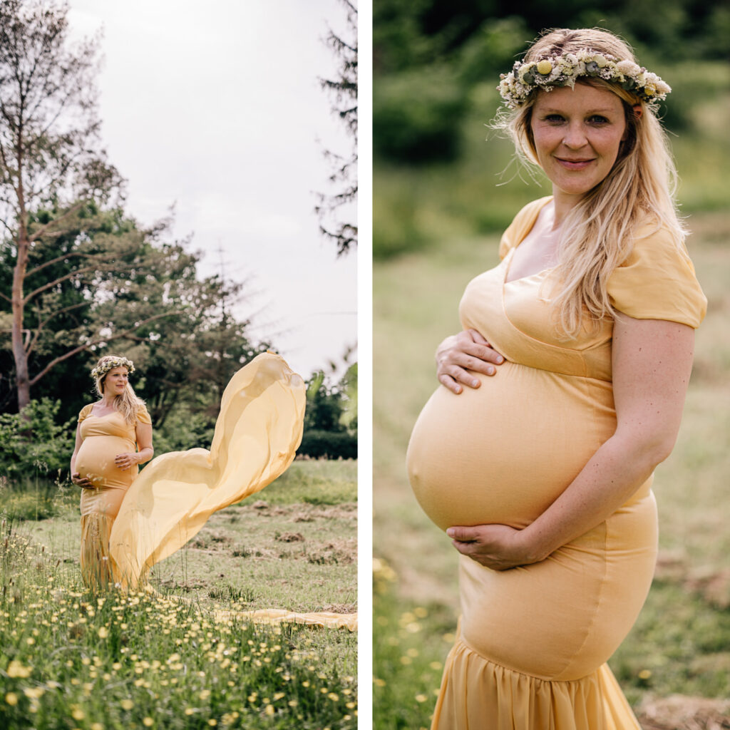 Das Bild zeigt eine schwangere Frau in einem leuchtend gelben Leihoutfit, die stolz ihren Babybauch hält und dabei von einer sanften Brise umgeben ist. Fotografin Mica Zeitz fängt dabei die natürliche Schönheit und die Freude der Schwangerschaft in einer idyllischen Umgebung ein.