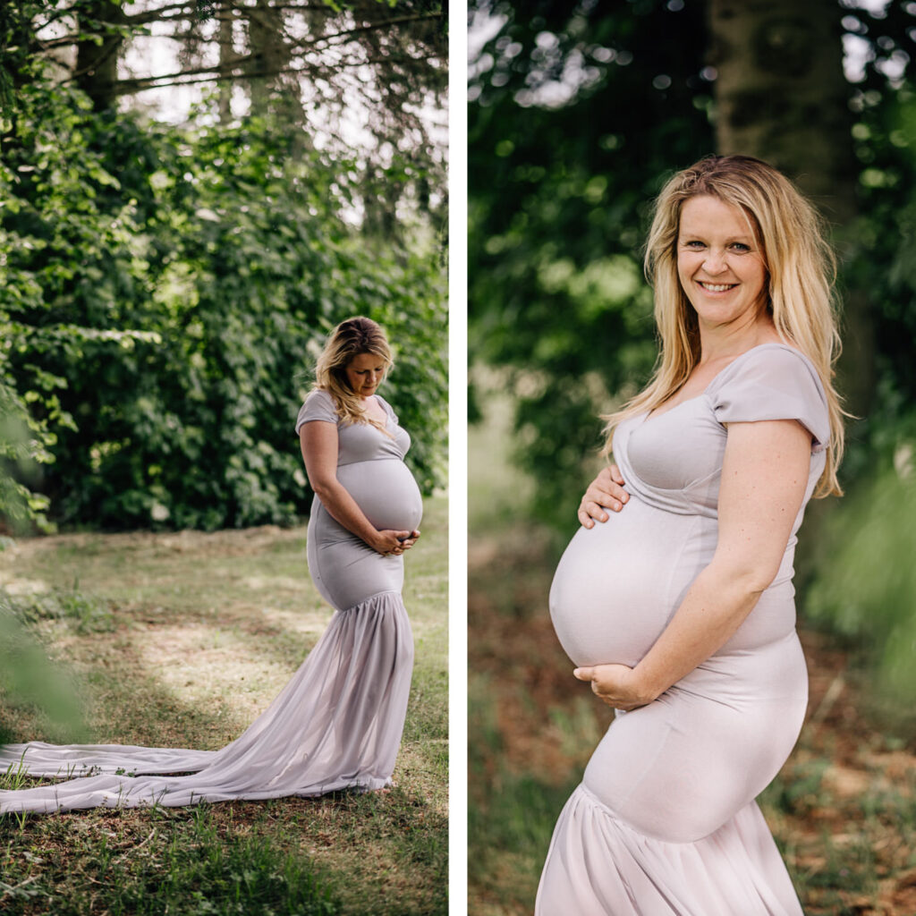 Das Bild zeigt eine werdende Mutter in einem eleganten Leihoutfit, das ihren Babybauch harmonisch zur Geltung bringt. Die Aufnahmen, die von der Fotografin Mica Zeitz stammen, fangen die Schönheit und das Glück der Schwangerschaft in einer natürlichen Umgebung ein.