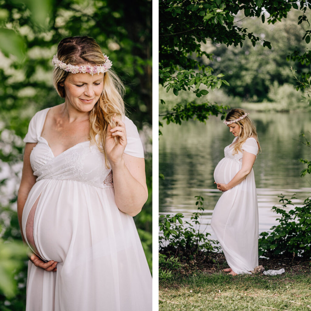 In den Babybauchfotos von Mica Zeitz präsentiert die Schwangere ein elegantes Leihoutfit, das ihre Rundungen sanft umschmeichelt. Umgeben von einer naturnahen Kulisse strahlt sie eine ruhige und glückliche Atmosphäre aus.