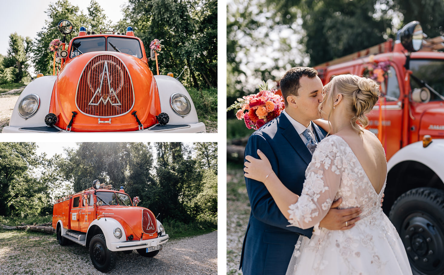 Auf den Hochzeitsfotos von Mica Zeitz in Olching sind ein wunderschönes, orangefarbenes Feuerwehrfahrzeug und ein romantisches Brautpaar zu sehen, das sich innig küsst. Die farbenfrohen Blumen am Fahrzeug verleihen der Szene einen festlichen Touch und ergänzen die liebevolle Atmosphäre der Hochzeit.