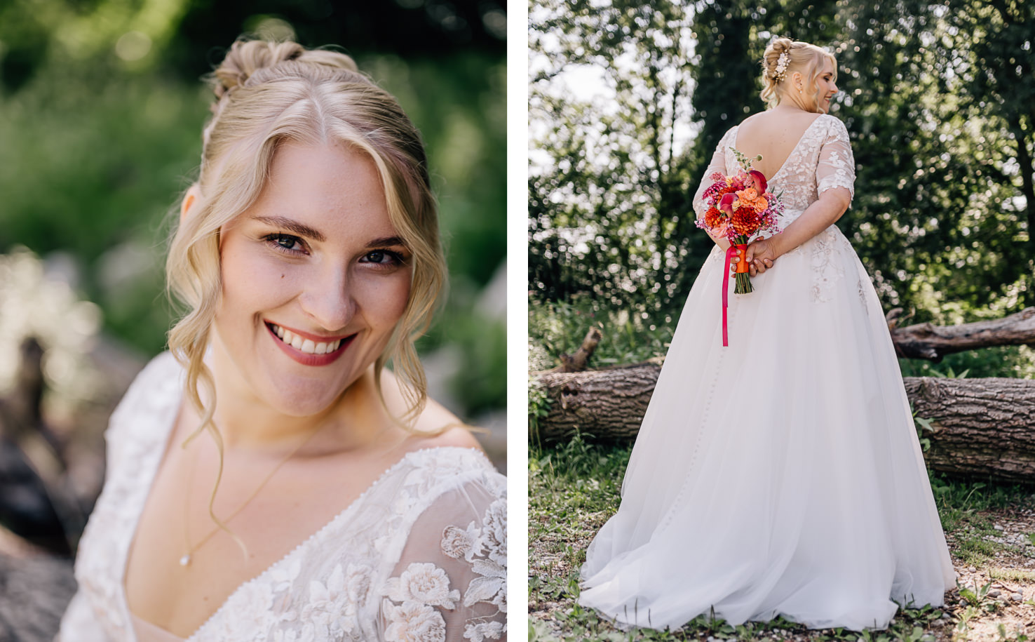 Das Bild zeigt eine strahlende Braut in einem eleganten Hochzeitskleid, die fröhlich in die Kamera lächelt und mit einer bunten Blumenstrauß in der Hand posiert. Die Hochzeitsfotos wurden in einer malerischen Umgebung in Olching aufgenommen und wurden von der Fotografin Mica Zeitz festgehalten.