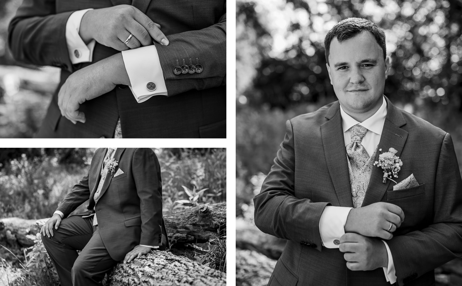 Das Bild zeigt stilvolle Hochzeitsfotos in Olching, die einen Bräutigam in eleganter Kleidung festhalten. Die Aufnahmen von Mica Zeitz fangen sowohl die Details seines Anzugs als auch seine Ausstrahlung perfekt ein.