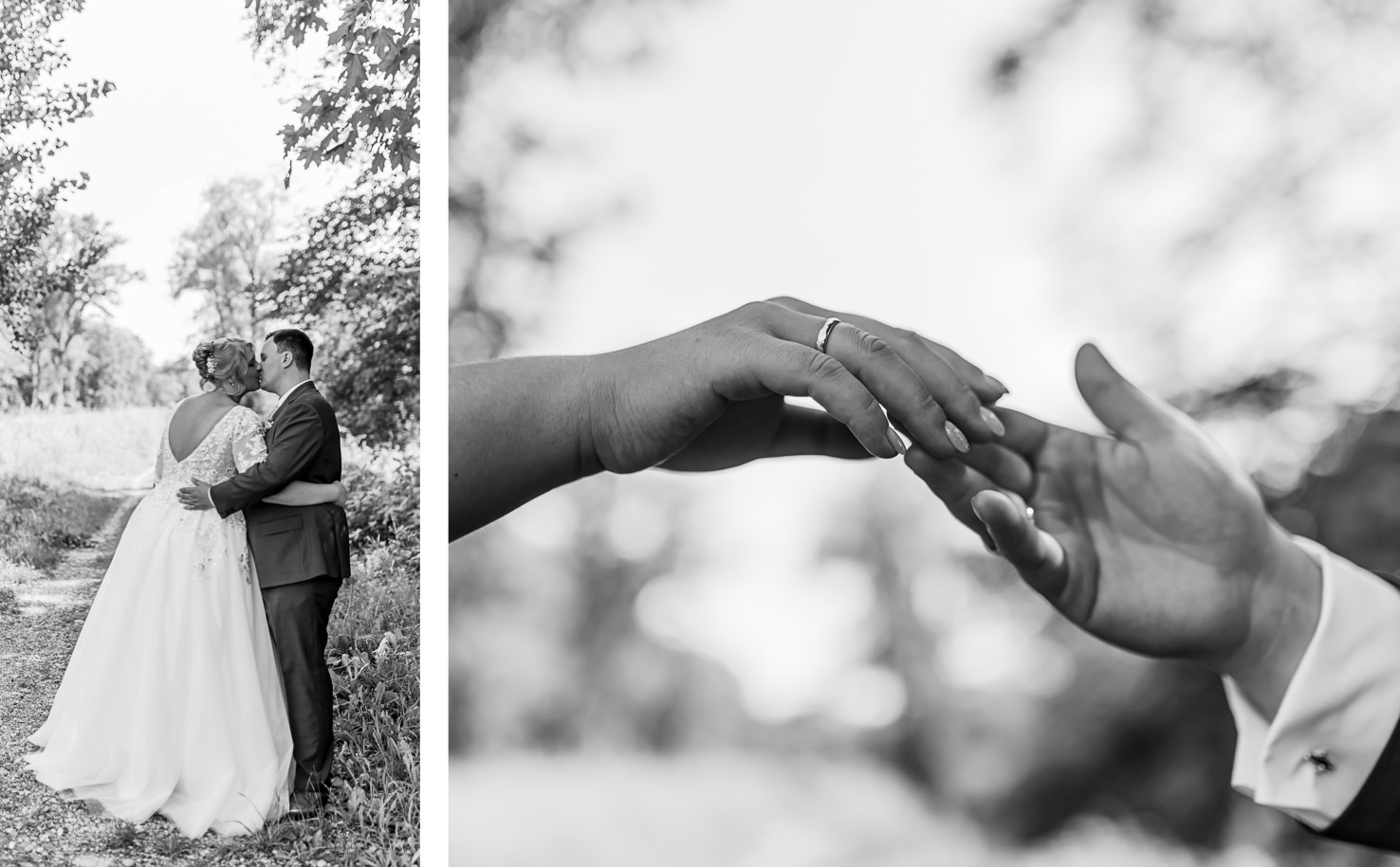 Das Bild zeigt ein romantisches Hochzeitsfoto, das in der malerischen Umgebung von Olching aufgenommen wurde. Die Fotografin Mica Zeitz fängt den intimen Moment zwischen dem Brautpaar ein, während sie sich küssen und ihre Hände zärtlich berühren.