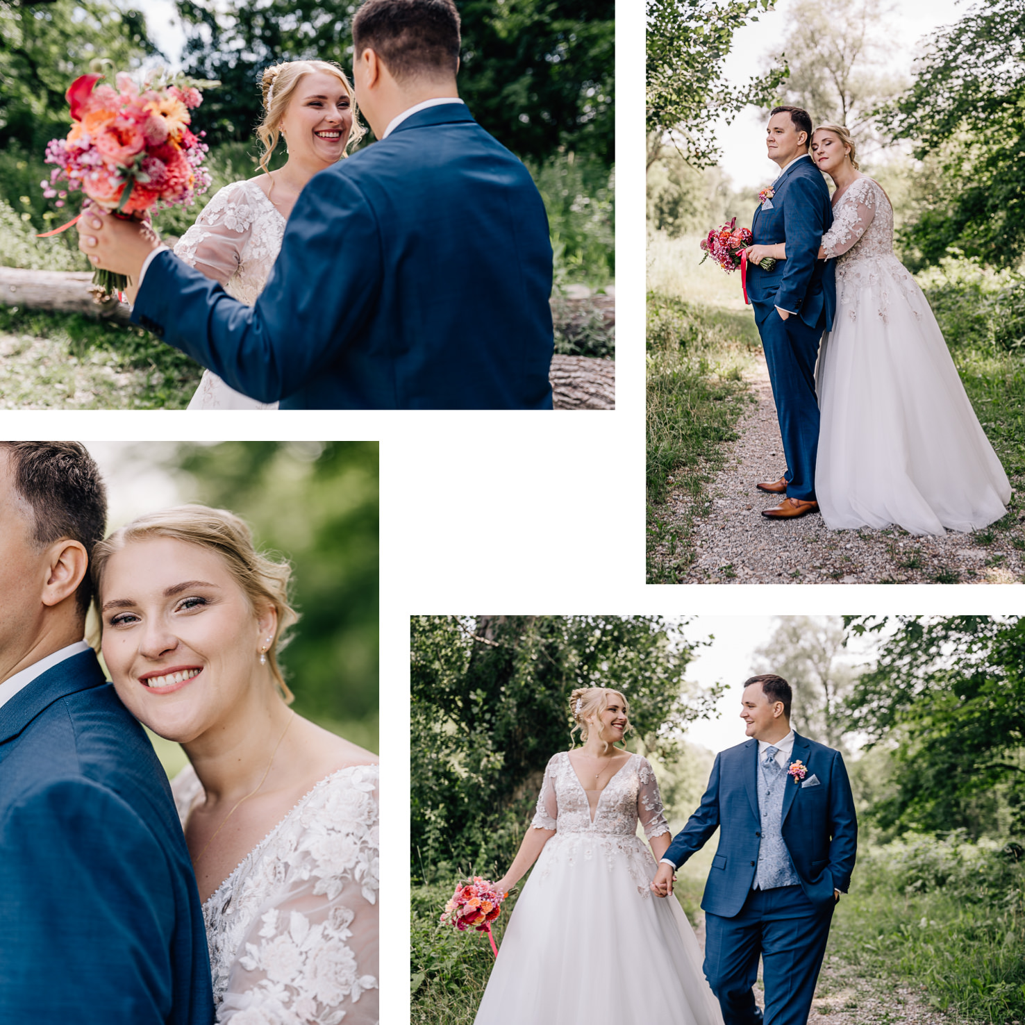 Die Hochzeitsfotos, aufgenommen von Mica Zeitz in Olching, fangen die emotionale Verbindung und Freude des Brautpaares in einer malerischen Naturlandschaft ein. Die Kombination aus liebevollen Blicken und klassischer Brautmode erzeugt eine romantische Atmosphäre, die diesen besonderen Tag perfekt widerspiegelt.