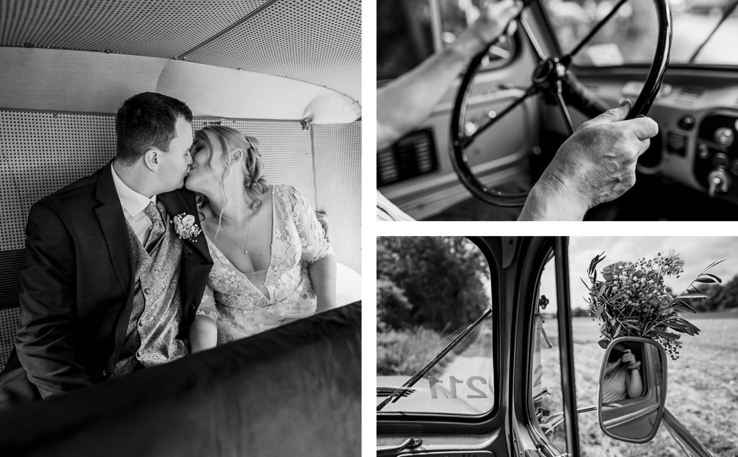 Das Bild zeigt romantische Hochzeitsfotos, die einen verliebten Moment zwischen dem Brautpaar in einem Fahrzeug festhalten, sowie kreative Detailaufnahmen von Händen am Steuer und einem Blumengesteck im Rückspiegel. Fotografiert von Mica Zeitz in Olching, fangen die Bilder die Intimität und den besonderen Anlass perfekt ein.