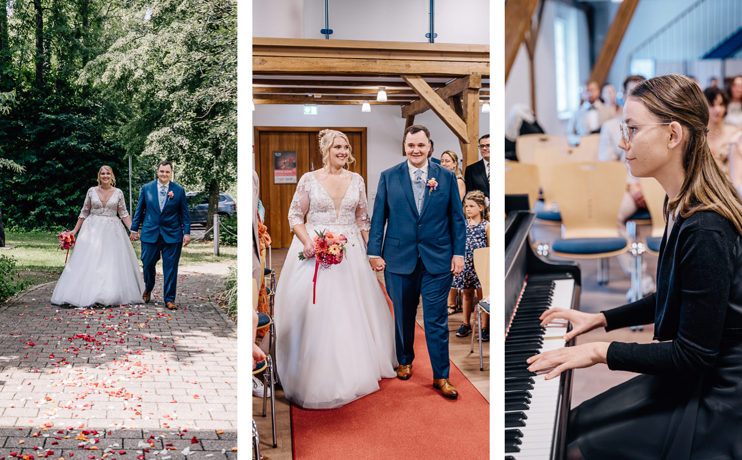 Die Hochzeitsfotos aus Olching zeigen das glückliche Brautpaar, das auf einem mit Rosenblättern geschmückten Weg zur Zeremonie schreitet. In einem anderen Bild spielt eine Musikerin am Klavier, was die feierliche Atmosphäre unterstreicht, festgehalten von der Fotografin Mica Zeitz.