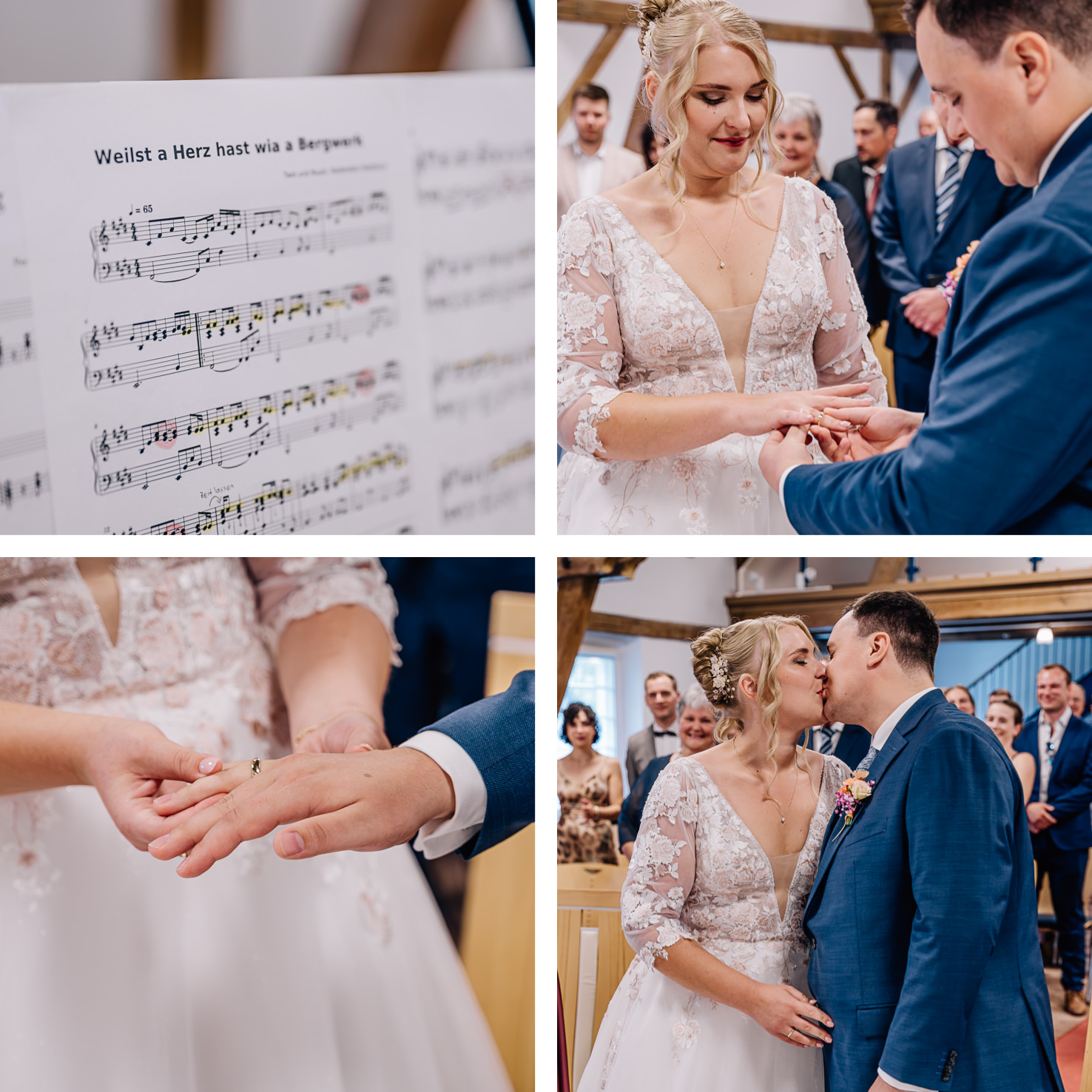 Die emotionalen Hochzeitsfotos von Mica Zeitz zeigen den wunderschönen Moment eines Hochzeitspaares in Olching, in dem sie sich gegenseitig die Ringe anstecken. Die Atmosphäre ist liebevoll und festlich, untermalt von einem Notenblatt des Liedes „Weilst a Herz hast wie a Bergwerk“.