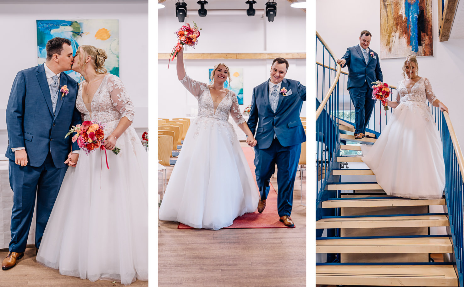 Die Hochzeitsfotos, aufgenommen von Mica Zeitz, zeigen ein glückliches Paar in Olching, das nach der Zeremonie Hand in Hand die Treppe hinuntergeht. In einem festlichen Moment küsst der Bräutigam die Braut, während sie stolz ihren Blumenstrauß hält.
