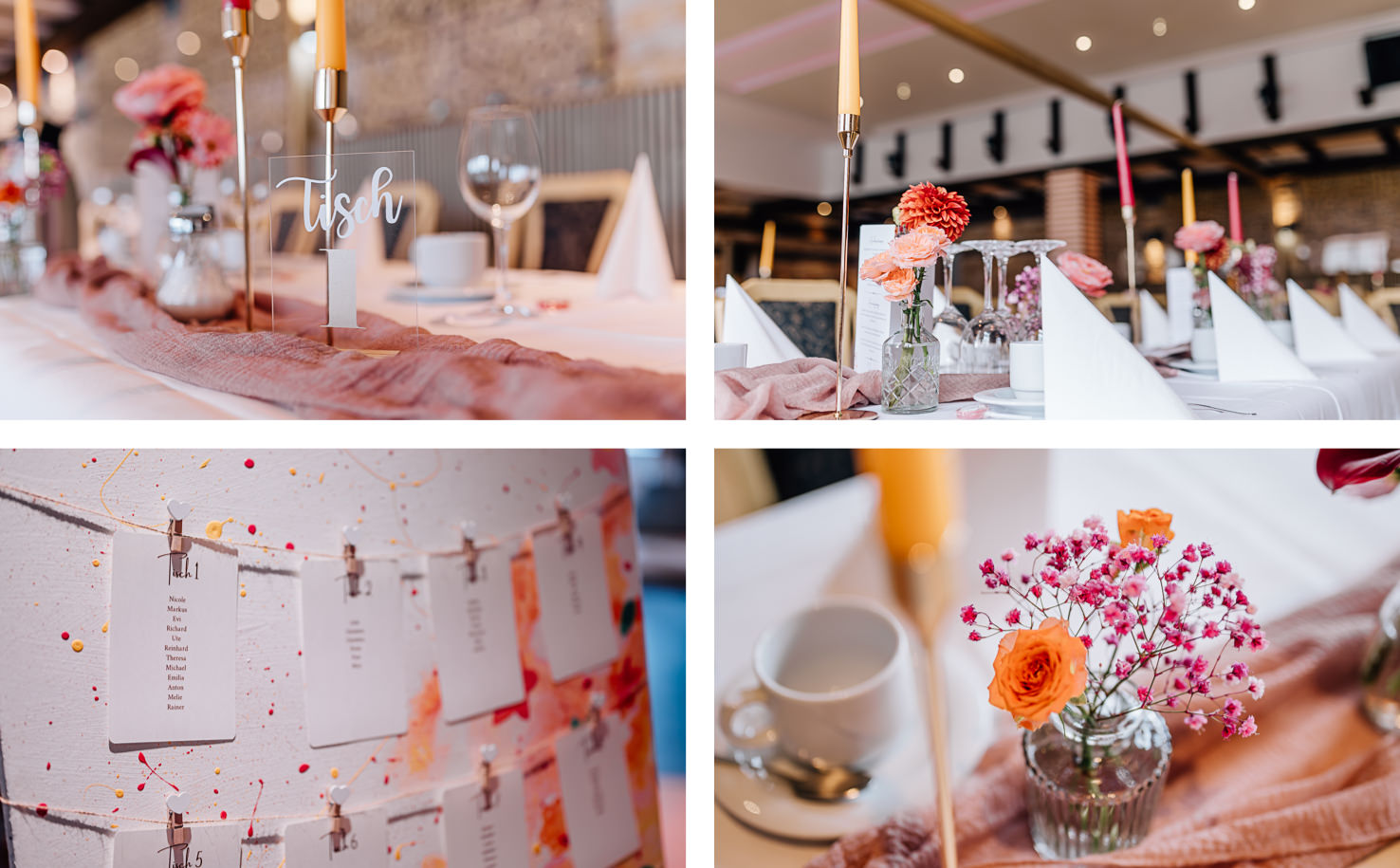 Das Bild zeigt ansprechend dekorierte Hochzeitstische in einem stilvollen Raum in Olching, geschmückt mit Blumenarrangements und eleganten Kerzenhaltern. Die Fotografin Mica Zeitz fängt dabei die liebevolle Details und die festliche Atmosphäre perfekt ein.