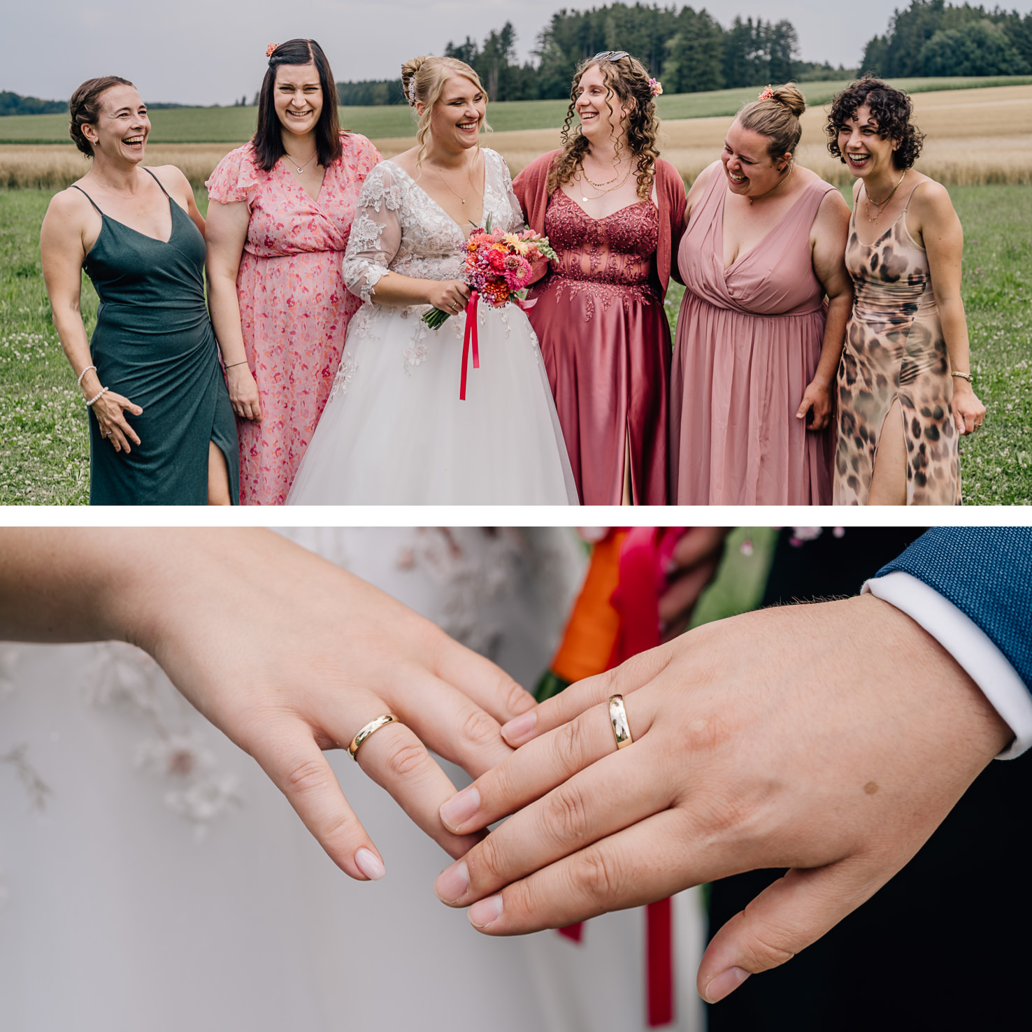 Das Bild zeigt eine fröhliche Hochzeitsgruppe in Olching, bestehend aus sechs Brautjungfern und der Braut, die zusammen in einem blühenden Feld posieren. Im unteren Teil des Bildes sind die Hände des Paares zu sehen, die ihre Eheringe austauschen, was den symbolischen Moment ihrer Vereinigung unterstreicht. Fotografiert von Mica Zeitz.
