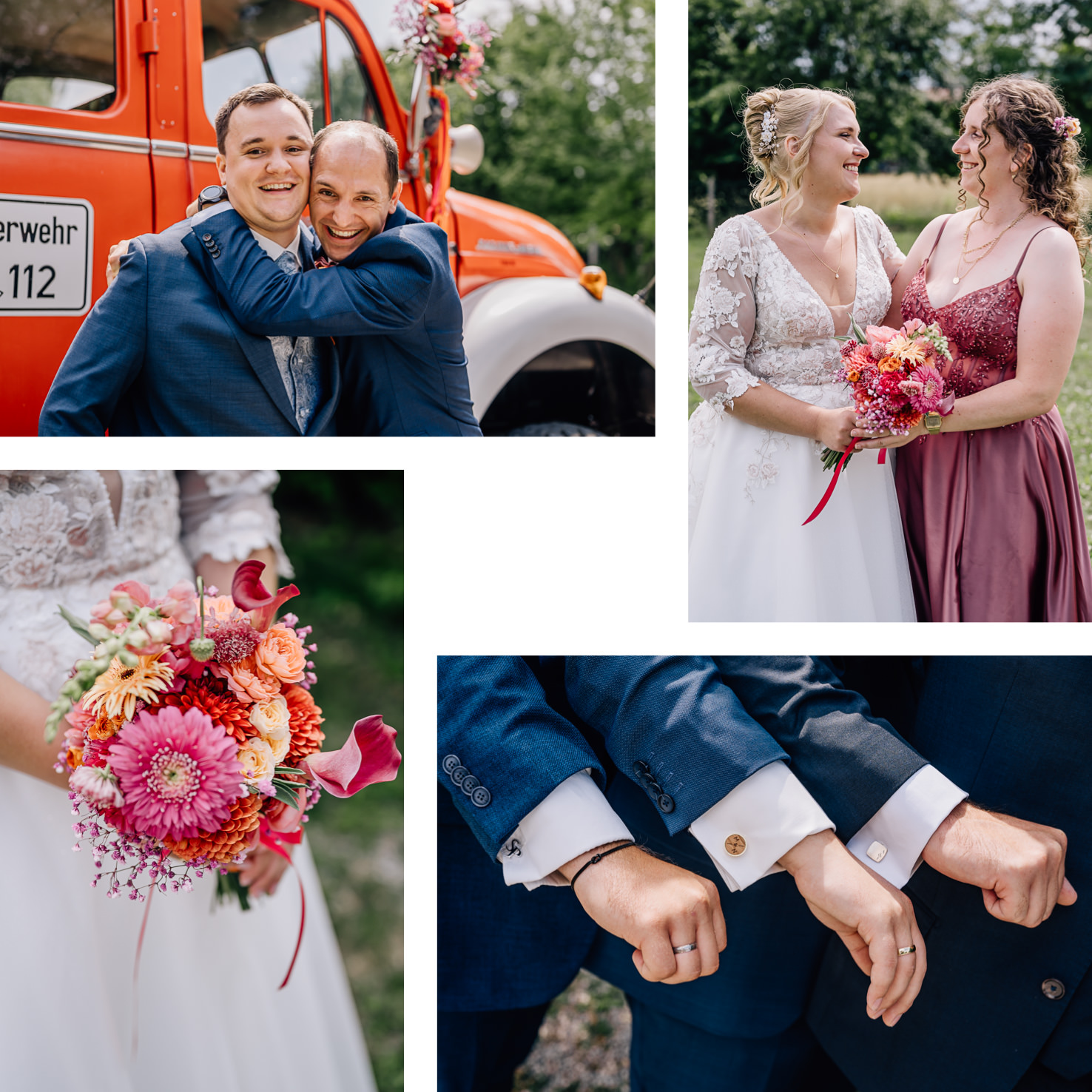 Die Hochzeitsfotos von Mica Zeitz aus Olching zeigen lebendige Momente des Glücks und der Freude, eingefangen in vier beeindruckenden Bildern. Die Aufnahmen zeigen eine gelungene Mischung aus liebevollen Gesten, bunter Blumendekoration und festlichen Kleidern, die das besondere Ereignis perfekt zur Geltung bringen.
