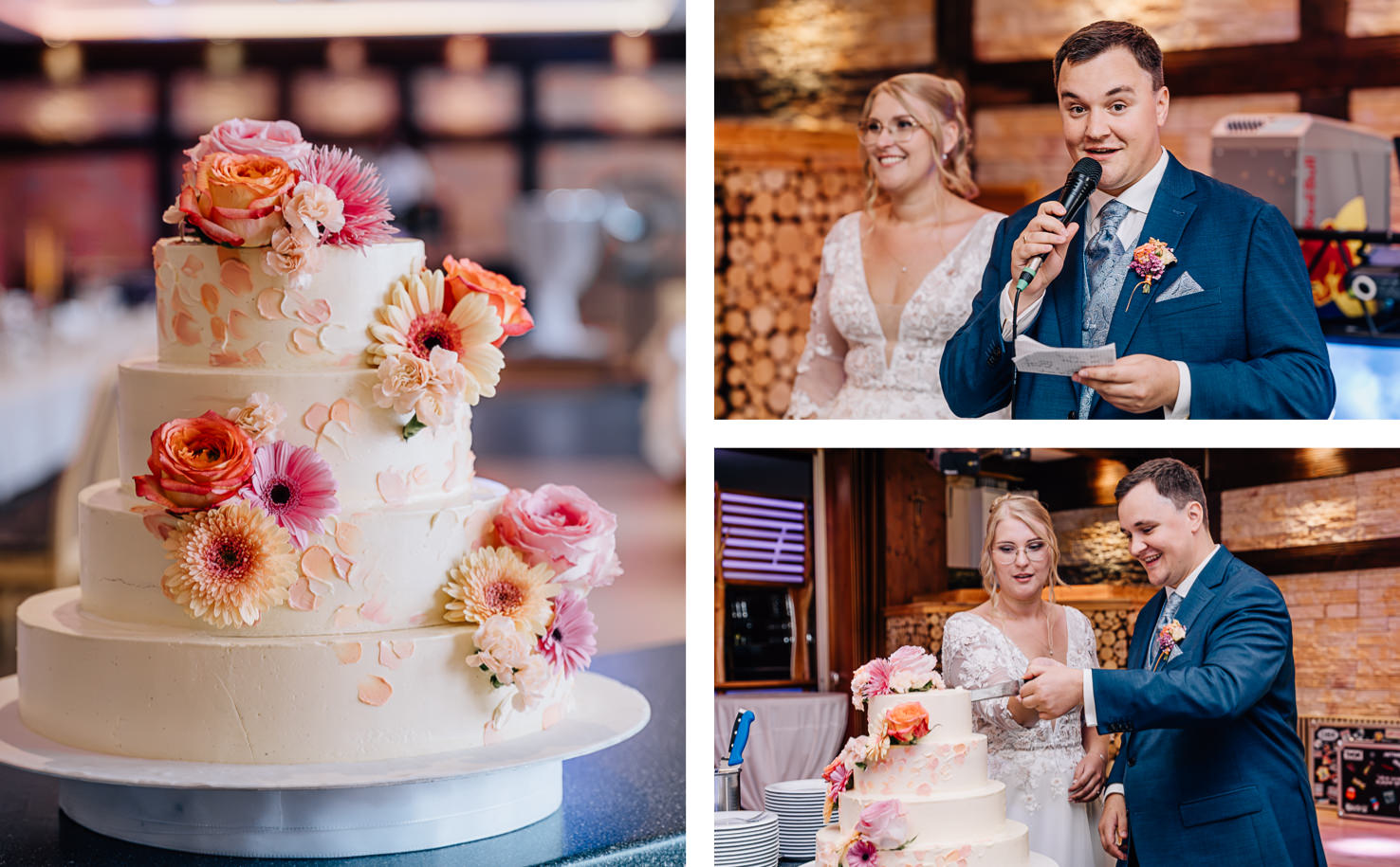 Das Bild zeigt eine festliche Hochzeitsfeier in Olching, mit einem eleganten, dreistöckigen Kuchen, der mit bunten Blumen dekoriert ist. Im Hintergrund lachen das Brautpaar, während der Bräutigam eine Rede hält und sich auf das Anschneiden des Kuchens vorbereitet. Fotografiert von Mica Zeitz.