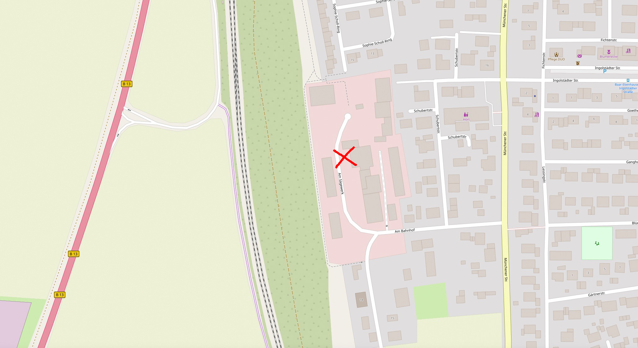 Das Bild zeigt eine Karte von Baar-Ebenhausen, auf der das Gebiet um das Fotostudio GMW markiert ist. Es gibt eine klare Übersicht über die umliegenden Straßen und das Layout der Stadt.